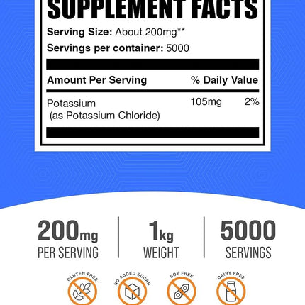 BulkSupplements.com Potassium Chloride Powder - Potassium Supplement Powder, Potassium Chloride Salt Substitute, Pure Potassium - Potassium Salt, Gluten Free, 200mg per Serving, 1kg (2.2 lbs)