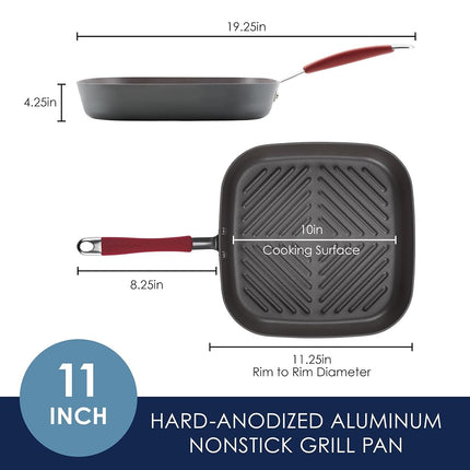 Poêle à griller carrée antiadhésive Rachael Ray Cucina anodisée dure de 28 cm, grise avec manche rouge canneberge