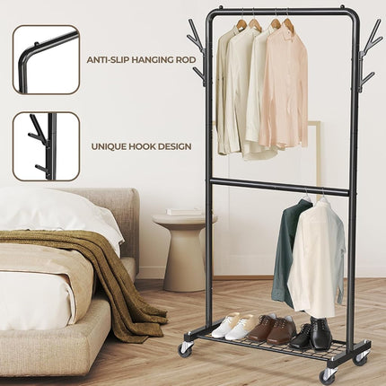 Simple Houseware 100-cm Double Rod Clothes Rack with Wheels, Hooks & Shelf
