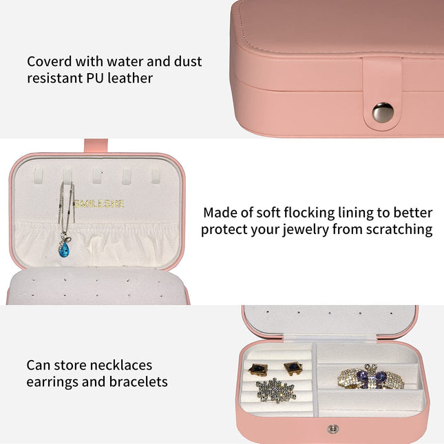 Smileshe Joyero, Estuche Pequeño Portátil de Viaje de Cuero PU, Caja Organizadora de Almacenamiento de 2 Capas para Anillos, Pendientes, Collares, Pulseras