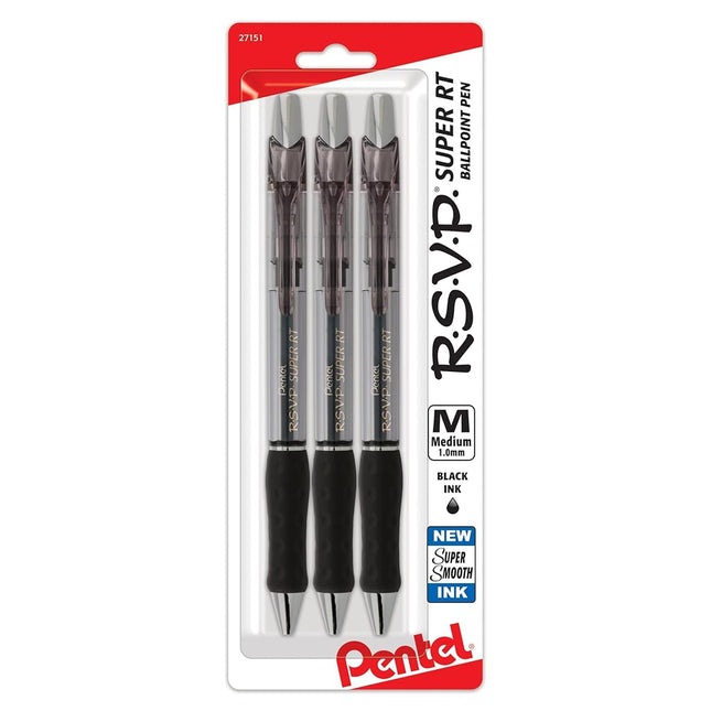 Pentel RSVP Super RT Ballpoint Pen, (1.0mm) Medium Line, Black Ink, 3-Pk - BX480BP3A