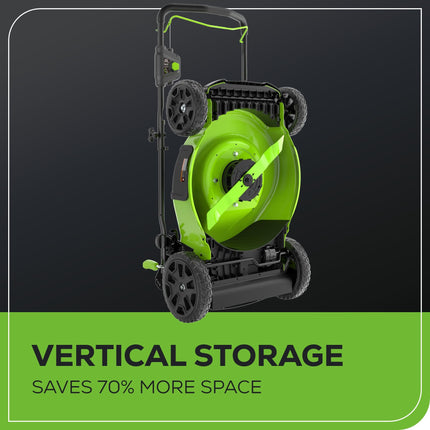 Cortadora de césped eléctrica inalámbrica (de empuje) sin escobillas Greenworks 80 V 21" + Soplador de hojas axial (500 CFM) (más de 75 herramientas compatibles), (2) baterías de 2.0 Ah y cargador rápido de 30 minutos