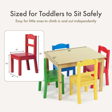 Humble Crew Kids Wooden Table and 4 Chairs Set for Children and Toddlers - Square Activity Table & Chair Set for Arts, Crafts and Snack Time - Natrual Wood/Red/Green/Blue/Yellow
