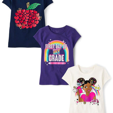 Camisetas gráficas de manga corta "School Days" para niña de The Children's Place, paquete múltiple, Apple Hearts/Primer día de primer grado/Girl, extragrande