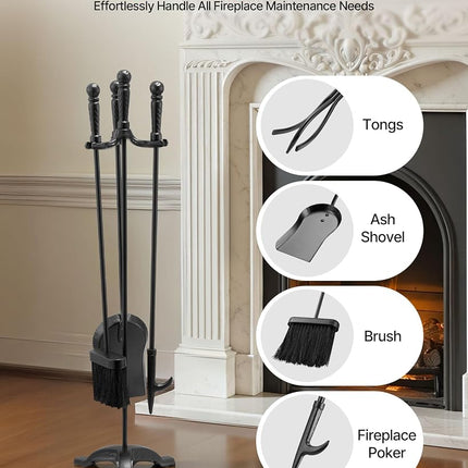 VEVOR Fireplace Tool Set, 4 PCS Fire Tool Set and Holder with Three-Prong Stand, Ash Shovel, Brush, Fire Place Poker, Wrought Iron Fireplace Accessories for Campfire Indoor/Outdoor, Black
