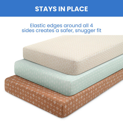 Sábanas Ajustables para Cuna Delta Children para Niñas y Niños - Sábana de Cuna 100% Algodón Orgánico para Cunas Estándar y Colchones para Niños Pequeños - 71x132 cm - Certificación GOTS (Paquete de 3), Boho Neutro
