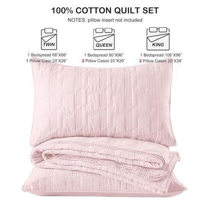 HORIMOTE HOME 100% Cotton Quilt Set Queen Size, Light Pink Pre-Washed 3-Piece Bedspread Coverlet Set, Cozy Lightweight Stitching Bedding Cover with 2 Shams in Geometric Pattern for All Season