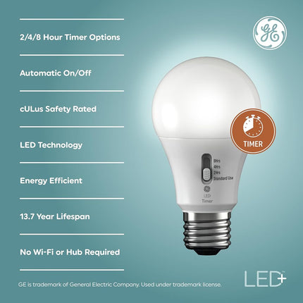 GE LED+ Timer A19 LED Light Bulbs, Built-in Automatic Indoor Timer Light, 8W, Soft White (4 Pack)