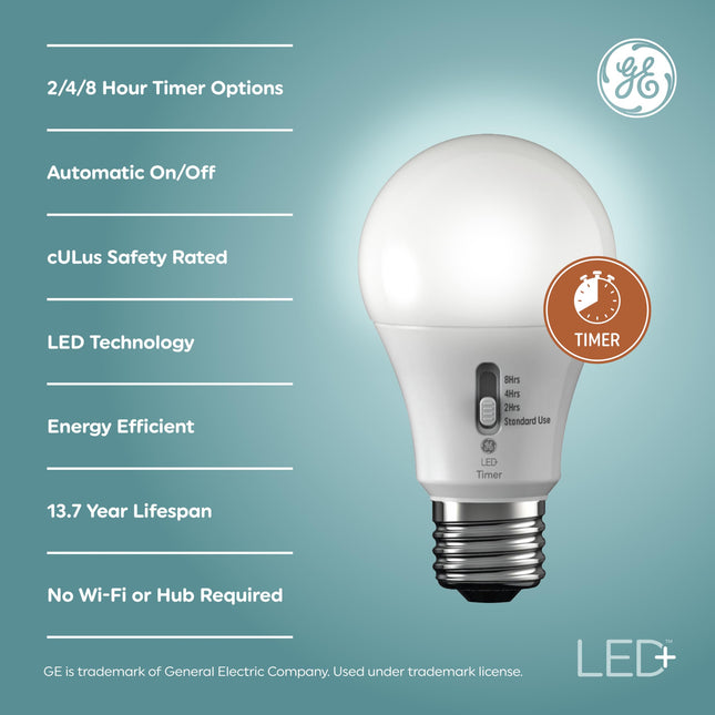 GE LED+ Timer A19 LED Light Bulbs, Built-in Automatic Indoor Timer Light, 8W, Soft White (4 Pack)