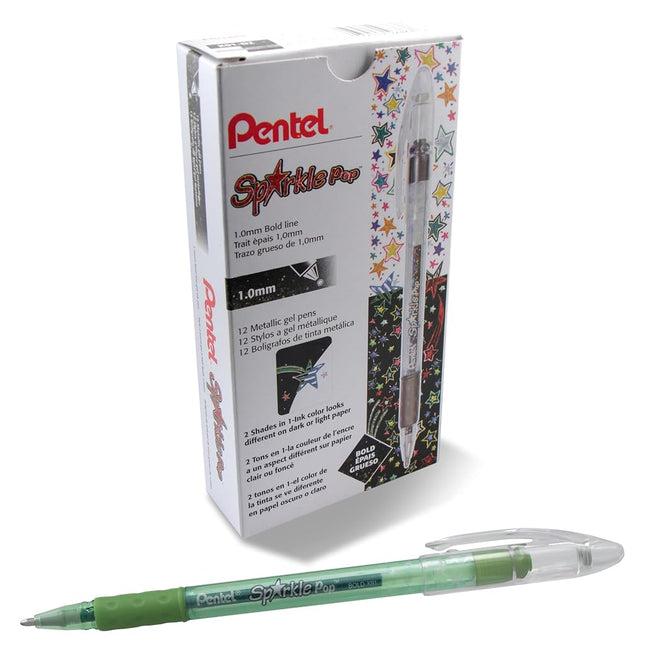 Pentel Sparkle Pop Metallic Gel Pen, (1.0mm) Bold Line, Green/Blue Ink, Box of 12 Pens (K91-DD)