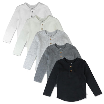 HonestBaby 5-Pack Waffle Henley Long Sleeve Shirts 100% Organic Cotton for Infant Baby and Toddler Boys, Unisex, Black Ombre, 6-9 Months