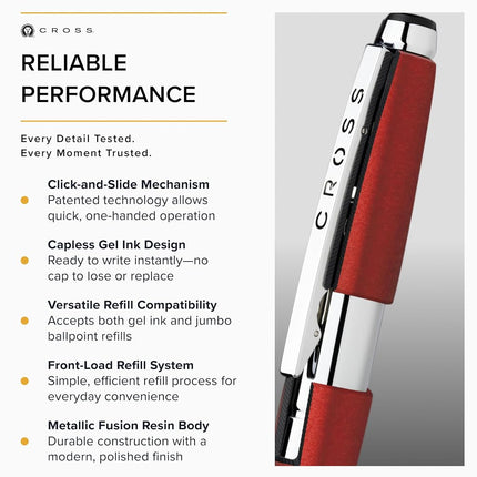 Cross Edge Refillable Twist-Action Resin Gel Ink Rollerball Pen with Chrome Appointments, Medium Ballpoint, includes Premium Gift Box and Red Cartridge, 1 Pack, Formula Red
