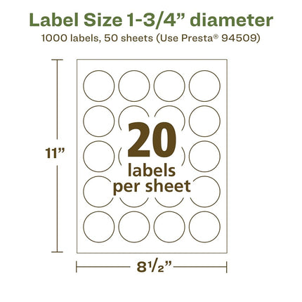 Avery EcoFriendly Matte White Recycled Round Labels, 1.75" Diameter, Print-to-The-Edge, Matte White Labels, Permanent Adhesive, Laser/Inkjet Printable, 1,000 Total