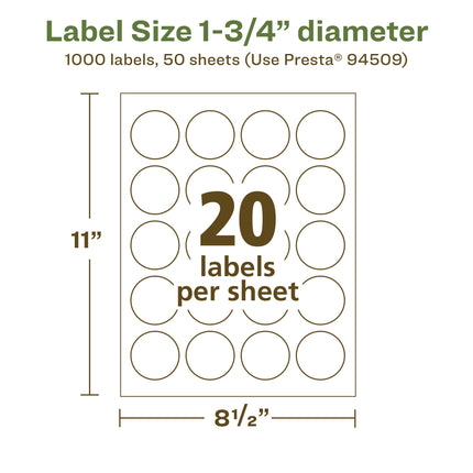 Avery EcoFriendly Matte White Recycled Round Labels, 1.75" Diameter, Print-to-The-Edge, Matte White Labels, Permanent Adhesive, Laser/Inkjet Printable, 1,000 Total
