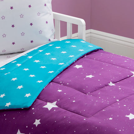 Toddler Bedding Set | Girls 4 Piece Collection | Fitted Sheet, Flat Top Sheet w/ Elastic bottom, Fitted Comforter w/ Elastic bottom, Pillowcase | Delta Children | Girls Starry Night | Purple Stars