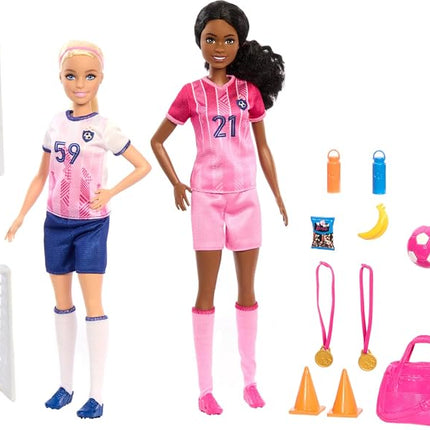 Barbie Careers Playset, Soccer Player Set with 2 Fashion Dolls & 15 Accessories Including Barbie 'Brooklyn”, Blonde Petite Player, 2 Nets & More, HRG88