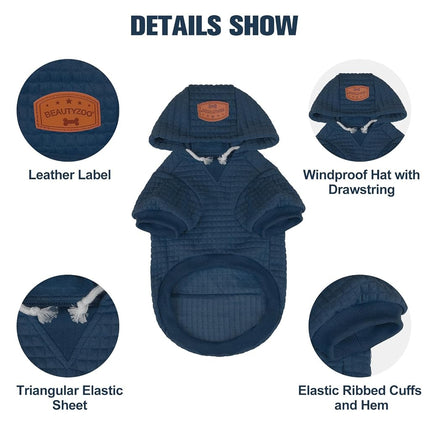 BEAUTYZOO Large Dog Hoodie Sweater with Pockets, Dog Clothes for Small Medium Dogs Boy Girl, Waffle-Like Laminated Cotton Pet Coats with Hat and Leash Hole, Navy Blue 2XL