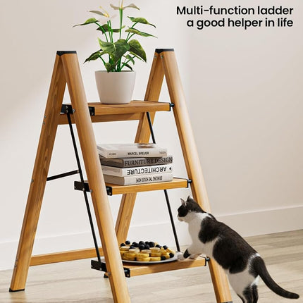 SOLADDER 3 Step Ladder, Folding Step Stool with Anti-Slip Wide Sturdy Pedal, Multi-Use for Home and Kitchen Use, Space Saving-Woodgrain(300 lbs Capacity)