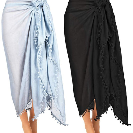 2 Pieces Women Beach Sarong Pareo Swimsuit Cover Ups Chiffon Long Sarong Wrap Pareo with Tassel for Women Girls (Black, Grey)