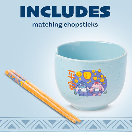 Silver Buffalo Lilo and Stitch Angel Holding Hands Couple Floating Lantern Ceramic Ramen Noodle Rice Bowl with Chopsticks, Microwave Safe, 20 Ounces