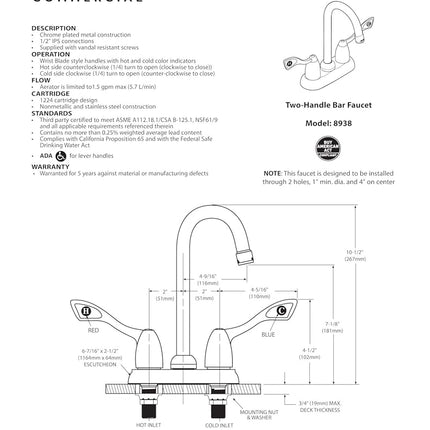 Moen 8938 M-Bition Commercial 2-Handle Bar or Pantry Faucet 1.5 gpm with Wing Handles, Chrome