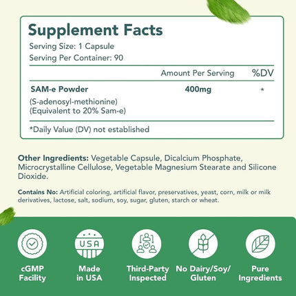 Healthy Way Pure SAM-e 400mg Supplement (Non-GMO) - 90 Capsules Sam-e (S-Adenosyl Methionine) to Support Mood, Joint Health, and Brain Function Non GMO USA Made