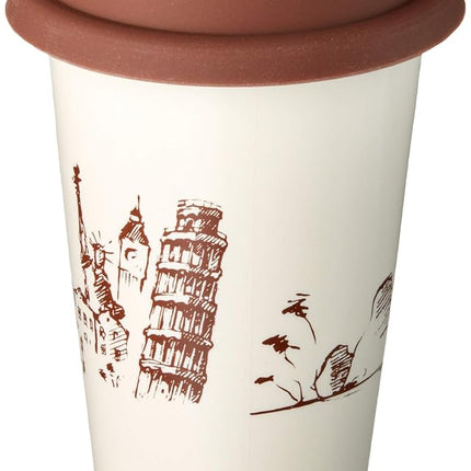 De'Longhi Hot Coffee Travel Mug Ceramic Thermal Double Wall + Silicone Lid, 10 oz, Globetrotter Theme