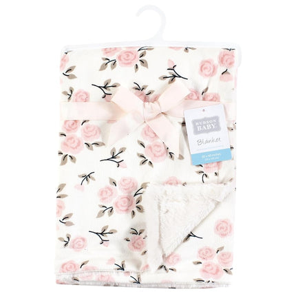 Hudson Baby Infant Girl Plush Blanket with Furry Binding and Back, Neutral Pink Floral, One Size