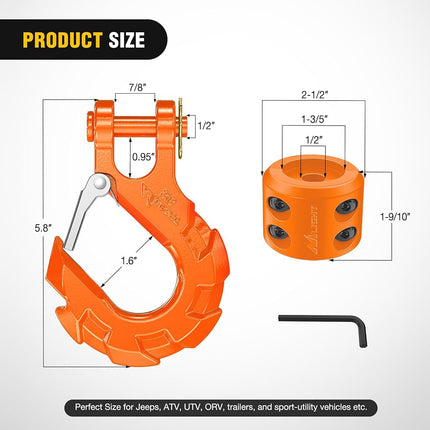 Nilight Forged Steel Winch Hook 3/8" Grade 70 Safety Latch Winch Cable Hook Stopper & Clevis Slip Hook Sets, Included Allen Wrench,Max 35,000 lbs,2 Years Warranty, Orange