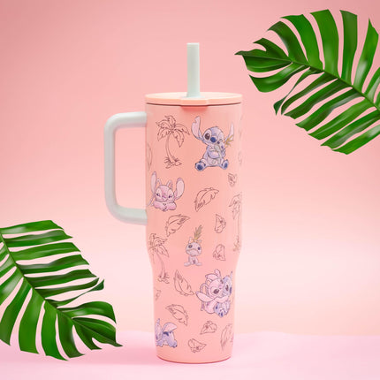 Zak Designs Disney Sutton Vaso de viaje para llevar, acero inoxidable de 30 oz con aislamiento al vacío, pajita de silicona y asa de transporte para bebidas frías (Stitch, Angel)