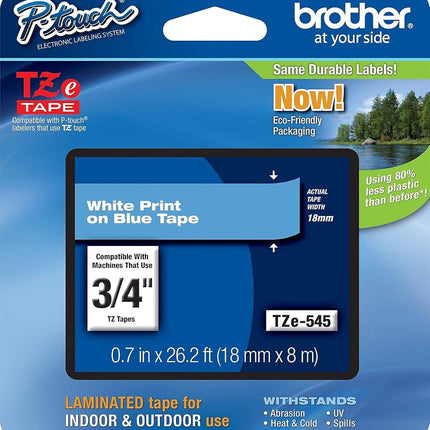 Brother Genuine P-Touch TZE-545 Tape, 3/4" (0.7") Standard Laminated P-Touch Tape, White on Blue, for Indoor or Outdoor Use, Water-Resistant, 26.2 ft (8 m), Single-Pack