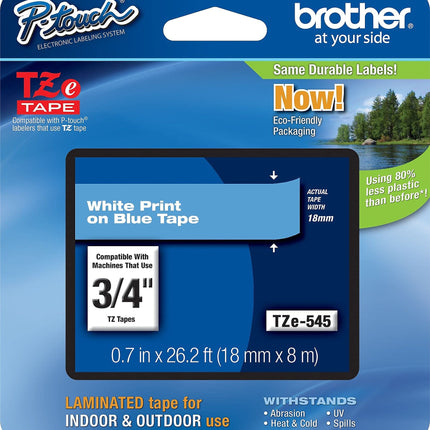 Cinta Brother original P-Touch TZE-545, cinta P-Touch laminada estándar de 3/4" (0.7"), blanco sobre azul, para uso en interiores o exteriores, resistente al agua, 26.2 pies (8 m), paquete individual