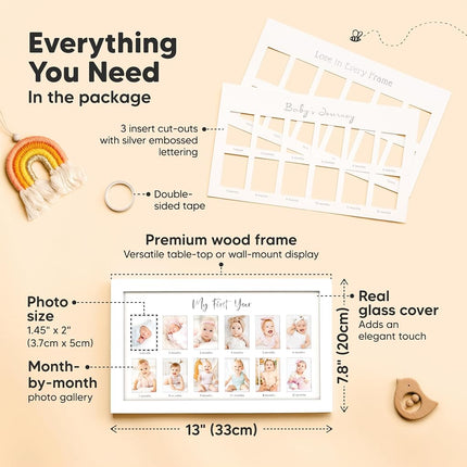 My First Year Photo Frame, 12 Months Baby Photo Frame for Newborn Girl, Boy, Baby Shower Gifts Keepsakes, Gender-Neutral Baby Milestone, 1st Nursery Decor Photo Collage Display Board (Alpine White)