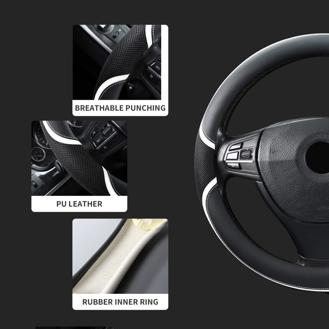 Microfiber Leather 16" Universal Fit Car Steering Wheel Cover, Elastic Nonslip Breathable and Odorless, Black & White Grip