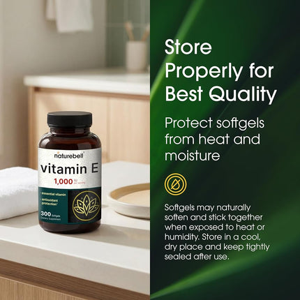 NatureBell Vitamin E Oil Softgels, 1,000 IU Per Serving, 300 Pills | Essential Antioxidant Supplements, Easily Absorbed Form – Supports Skin, Heart, & Immune Health – Non-GMO