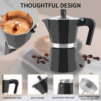Mongdio Stovetop Espresso Maker Moka Pot, Stove Top Cuban Coffee Maker, Italian Greca Mocha Pot, 6 Espresso Cups, 10 oz - Black