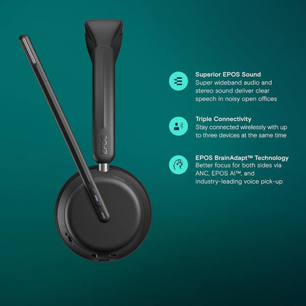 EPOS IMPACT 1061T Premium Wireless Headset with Microphone for PC - Double-Sided, High Clarity with EPOS AI Voice Technology, Super Wideband Audio, Microsoft Teams Certified, Durable Design