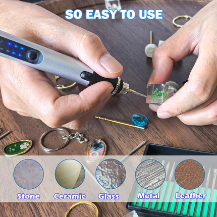 Pluma de grabado recargable por USB con 35 brocas, mini máquina de grabado eléctrico, herramientas rotativas inalámbricas para grabar joyas, piedra, metal, plástico, madera, resina (plateado)
