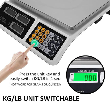 Balance de calcul du prix YIFOR 88lb/40kg, balance numérique commerciale à écran LCD avec plate-forme en acier inoxydable, balance pour fruits et légumes et aliments pour marché de producteurs, points de vente, boucherie (plateau plat)