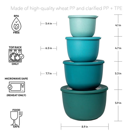 Abode Homewares by TarHong Stackable Mixing Bowl Set with Lids for Mixing and Kitchen Storage, Set of 4, Aqua Tones