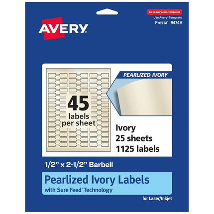Avery Pearlized Ivory Barbell Labels with Sure Feed Technology, 0.5" x 2.5", 1,125 Pearlized Ivory Labels, Laser/Inkjet Printable Labels