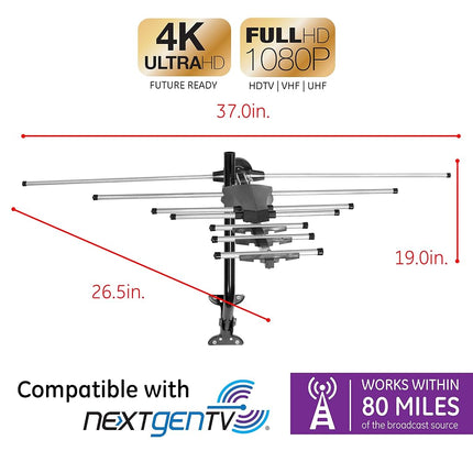 GE Outdoor HD Digital TV Antenna, Long Range OTA HDTV Antenna, Yagi Style Design, Supports 4K 1080P HD Smart TV VHF UHF, J Mount Included for Attic or Outdoor, Weather Resistant, 33685