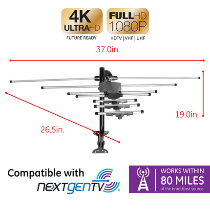 Antena de TV digital HD para exteriores GE, antena HDTV OTA de largo alcance, diseño estilo Yagi, compatible con TV inteligente 4K 1080P HD VHF UHF, soporte J incluido para ático o exterior, resistente a la intemperie, 33685