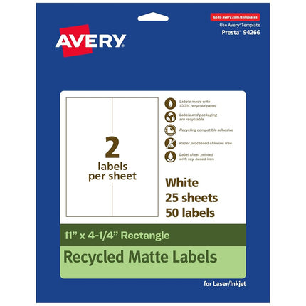 Avery EcoFriendly Matte White Recycled Rectangle Labels, 11" x 4.25", Matte White Labels, Permanent Adhesive, Laser/Inkjet Printable, 50 Total