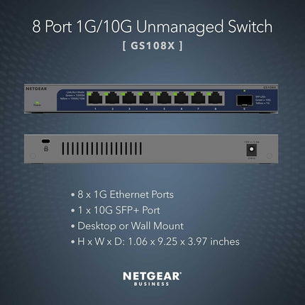 NETGEAR 8-Port 1G/10G Gigabit Ethernet Unmanaged Switch (GS108X) - with 1 x 10G SFP+, Desktop or Rackmount, and Limited Lifetime Protection