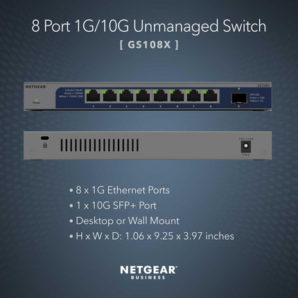Switch Gigabit Ethernet No Gestionado NETGEAR de 8 puertos 1G/10G (GS108X) - con 1 x 10G SFP+, para Escritorio o Montaje en Rack, y Protección de por Vida Limitada