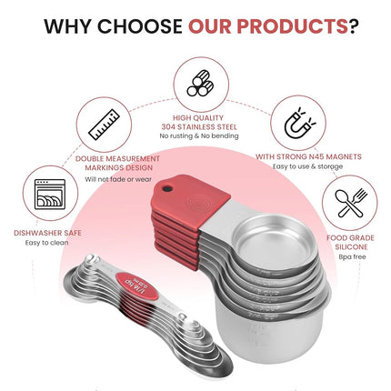 Magnetic Measuring Cups and Spoons Set-Heavy Duty 304 Stainless Steel，Double Measurement Markings，Set of 16 with Leveler for Measure Dry and Liquid Ingredients (Red)