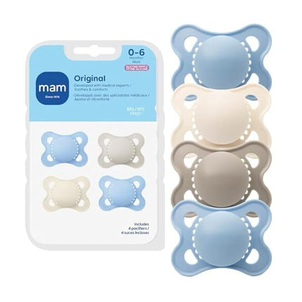 MAM Original Matte Baby Pacifiers, Binky for Boys 0-6 Months, BPA-Free Silicone Nipple, Easy to Clean, Best for Newborn Babies, Developed with Medical Experts, 4 Count Binkies