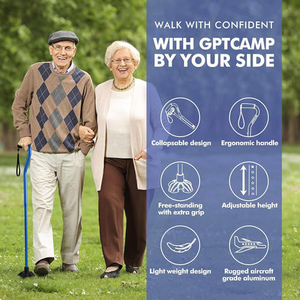 GPTCAMP G1 Walking Stick, Walking Cane for Women & Men with Wrist Strap, Lightweight & Sturdy Offset EVA Handle, Large Quad Base, Self Standing for Seniors and People with Injuries & Recovery
