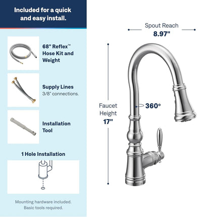 Moen S73004 Weymouth Shepherd's Hook Pulldown Kitchen Faucet Featuring Metal Wand with Power Boost, Chrome
